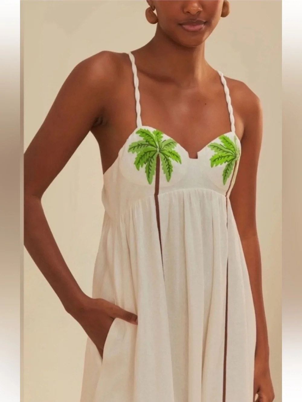 Farm Rio Coconut Tree Embroidered Linen Maxi Dress White Size XL Extra Large - Picture 3 of 4